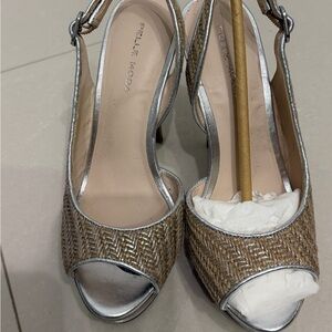 Pelle Moda Metallic Silver and Natural Woven Slingback Heels